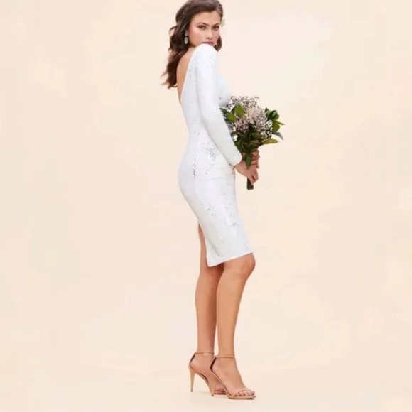 Dress The Population NWT Emilia Long Sleeve Ruched Dress in White Sequins Size M - Picture 4 of 17